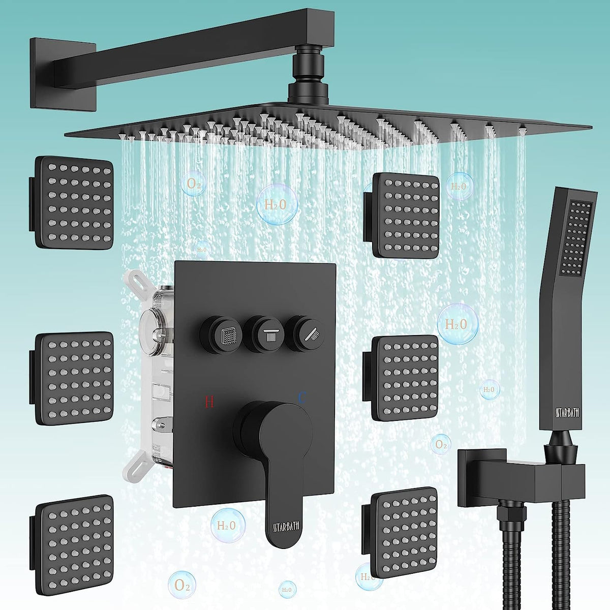 STARBATH 12 Inch Wall Mounted Shower System with 6 Body Jet Push Butto