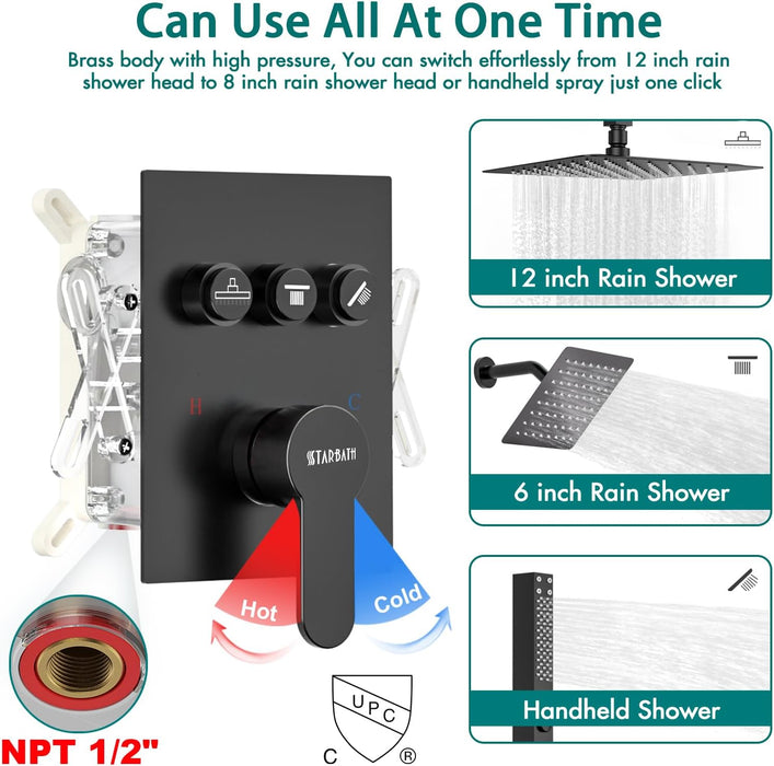 STARBATH 12 Inch Dual Shower Head System with 6 Inch Wall Mounted Rain Shower Head Black - STARBATH