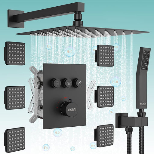 STARBATH Wall Mounted Thermostatic Shower System with 6 Body Jet Push Button Matte Black - STARBATH