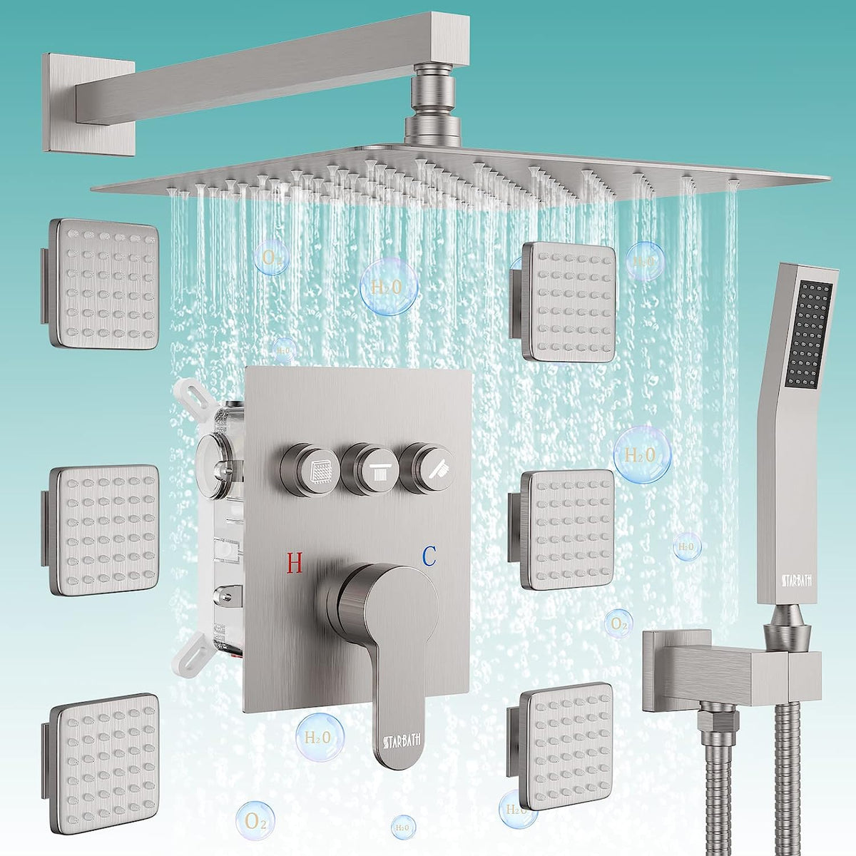 STARBATH Wall Mounted Shower System with 6 Body Jet Push Button Brushe
