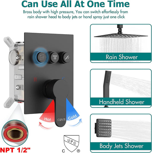 STARBATH Ceiling Mounted Shower System with 6 Body Jet Push Button Matte Black - STARBATH