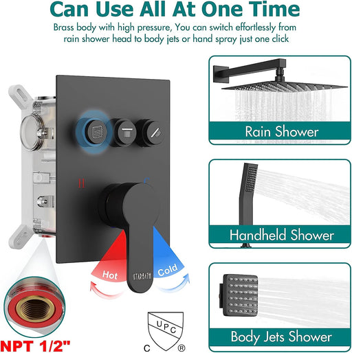 STARBATH Wall Mounted Shower System with 6 Body Jet Push Button Matte Black - STARBATH