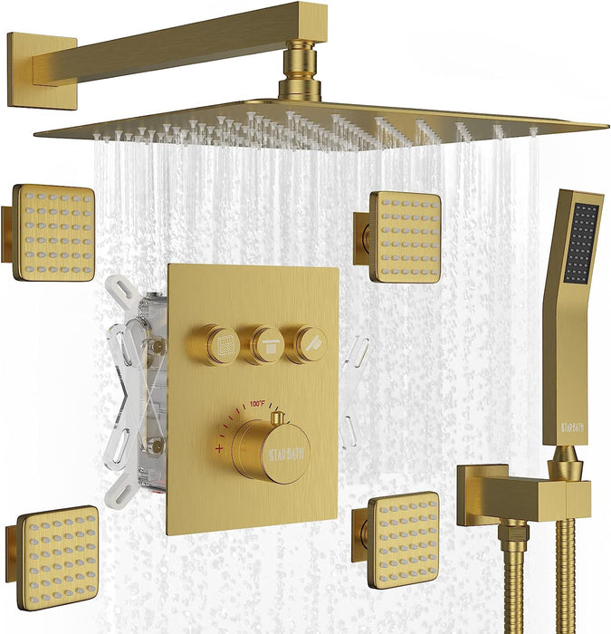 STARBATH Wall Mounted Thermostatic Shower System With 4 Body Jets Gold - STARBATH