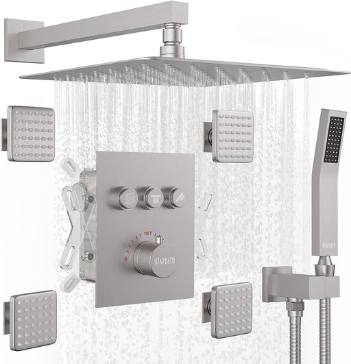 STARBATH Wall Mounted Thermostatic Shower System With 4 Body Jets Brushed Nickel - STARBATH