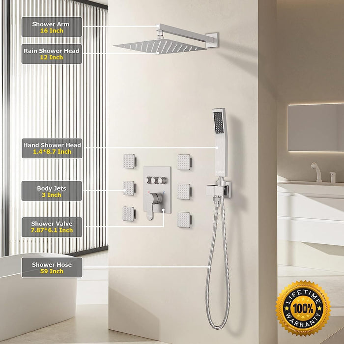 STARBATH Wall Mounted Shower System with 6 Body Jet Push Button Brushed Nickel - STARBATH