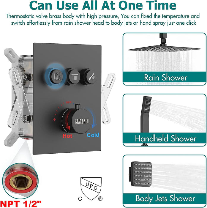 STARBATH Ceiling Mounted Thermostatic Shower System With 4 Body Jets Matte Black - STARBATH