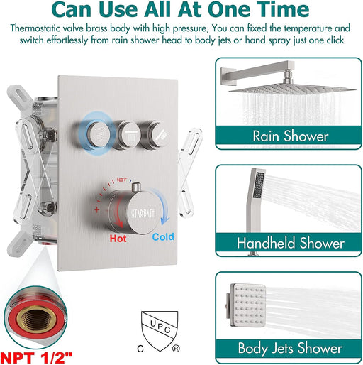 STARBATH Wall Mounted Thermostatic Shower System With 4 Body Jets Brushed Nickel - STARBATH