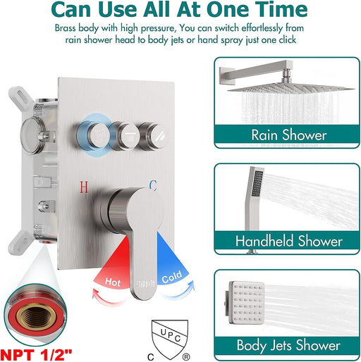 STARBATH Wall Mounted Shower System with 6 Body Jet Push Button Brushed Nickel - STARBATH