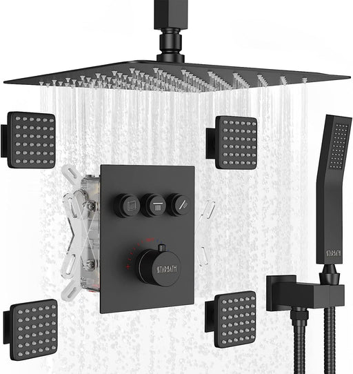 STARBATH Ceiling Mounted Thermostatic Shower System With 4 Body Jets Matte Black - STARBATH