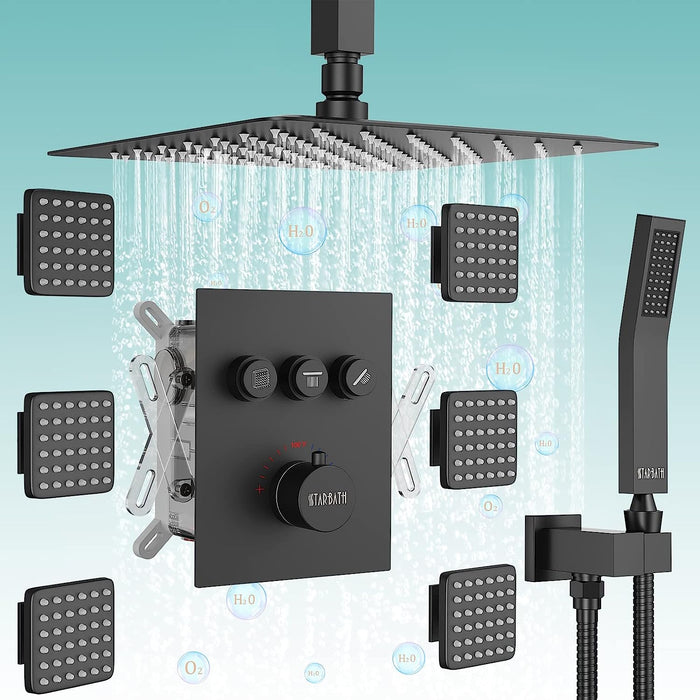 STARBATH Ceiling Mounted Thermostatic Shower System with 6 Body Jet Push Button Matte Black - STARBATH