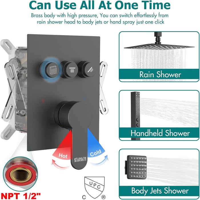 STARBATH 16" Ceiling Mount Shower System with 3" Body Jets Matte Black - STARBATH