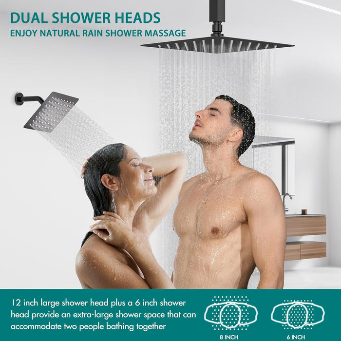 STARBATH 12 Inch Dual Shower Head System with 6 Inch Wall Mounted Rain Shower Head Black - STARBATH