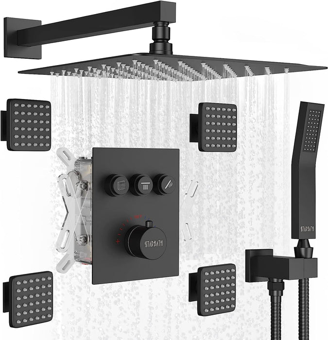 STARBATH Wall Mounted Thermostatic Shower System With 4 Body Jets Matte Black - STARBATH