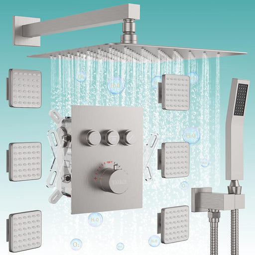 STARBATH Wall Mounted Thermostatic Shower System with 6 Body Jet Push Button Brushed Nickel - STARBATH