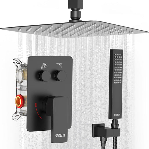 STARBATH Shower System Two Function Push Button Ceiling Mount Matte Black - STARBATH