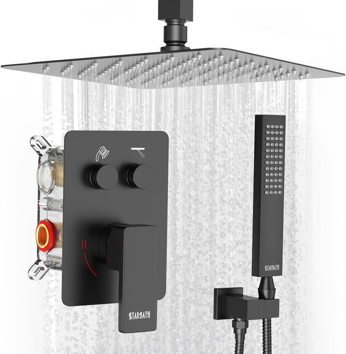 STARBATH Shower System Two Function Push Button Ceiling Mount Matte Black - STARBATH