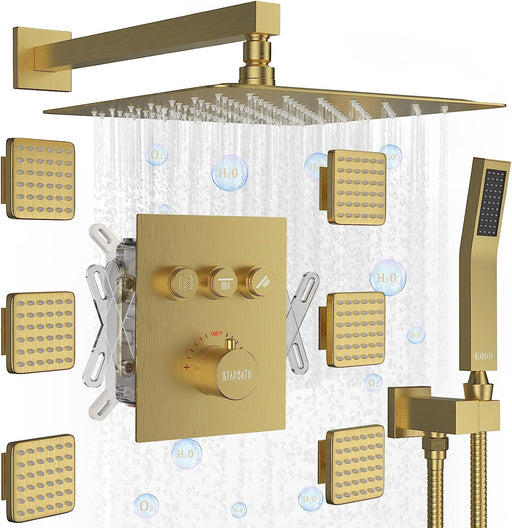 STARBATH Wall Mounted Thermostatic Shower System with 6 Body Jet Push Button Gold - STARBATH