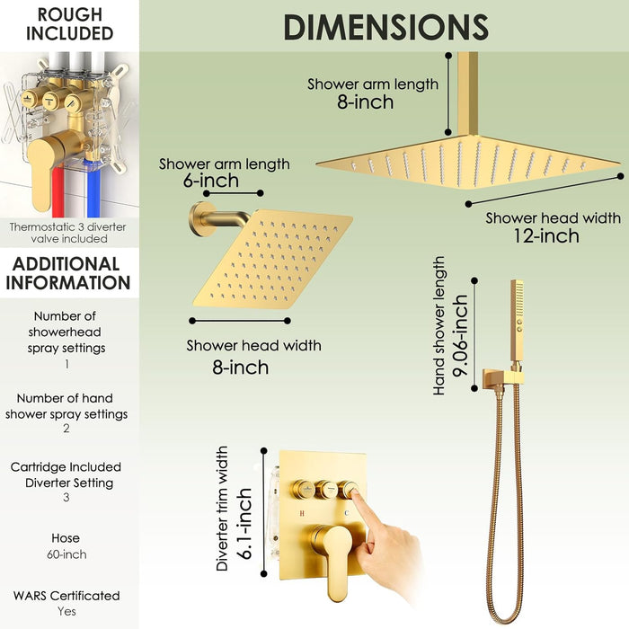 STARBATH Pressure Balance Shower System (12+8 Inch) with Two Function Wand Gold