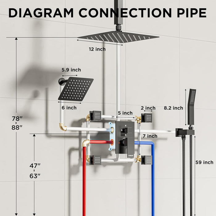 STARBATH Dual Shower Heads (12+6 Inch) Shower System 4 Function Matte Black