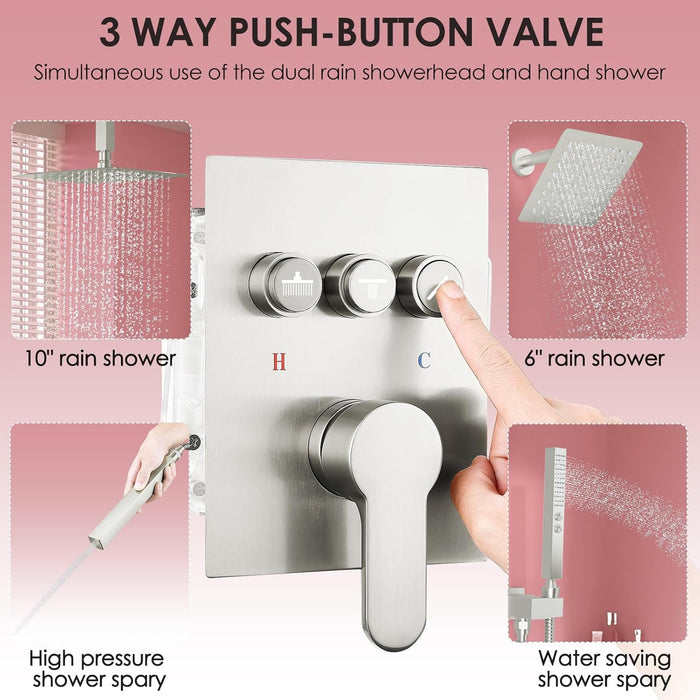 STARBATH 10+6 Inch Dual Shower Head System with Two Function Wand Brushed Nickel (Push Button)