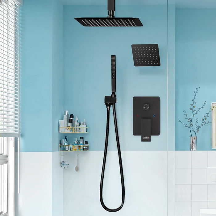 STARBATH 12+6 Inch Dual Shower Head System with Two Function Handheld Shower Head Matte Black