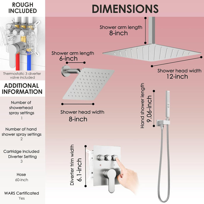 STARBATH Pressure Balance Shower System (12+8 Inch) with Two Function Wand Brushed Nickel