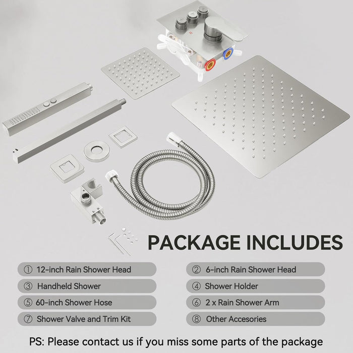 STARBATH Pressure Balance Shower System (12+6 Inch) with Two Function Wand Brushed Nickel