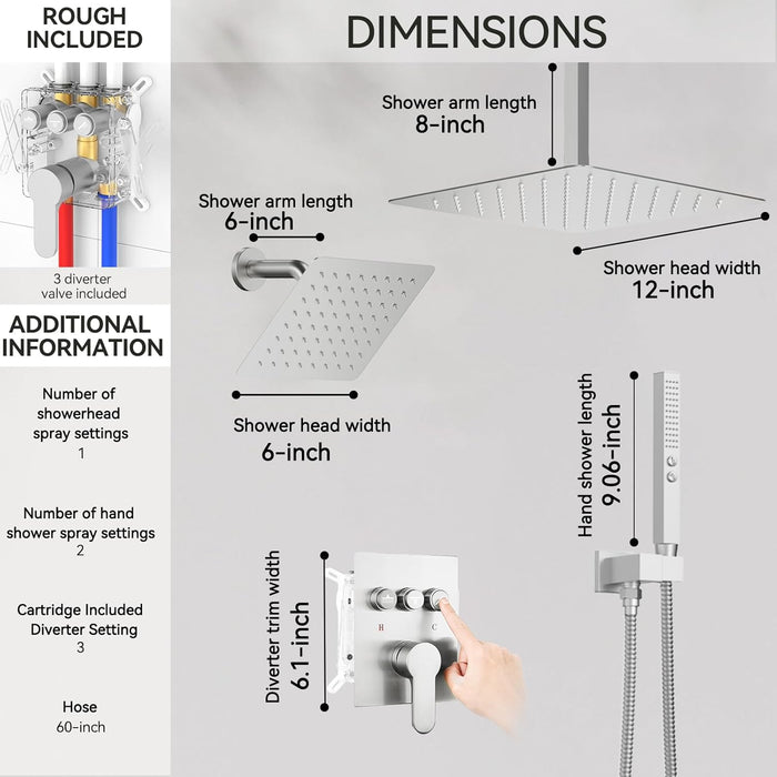STARBATH 12+6 Inch Dual Shower Head System with Two Function Wand Brushed Nickel (Push Button)