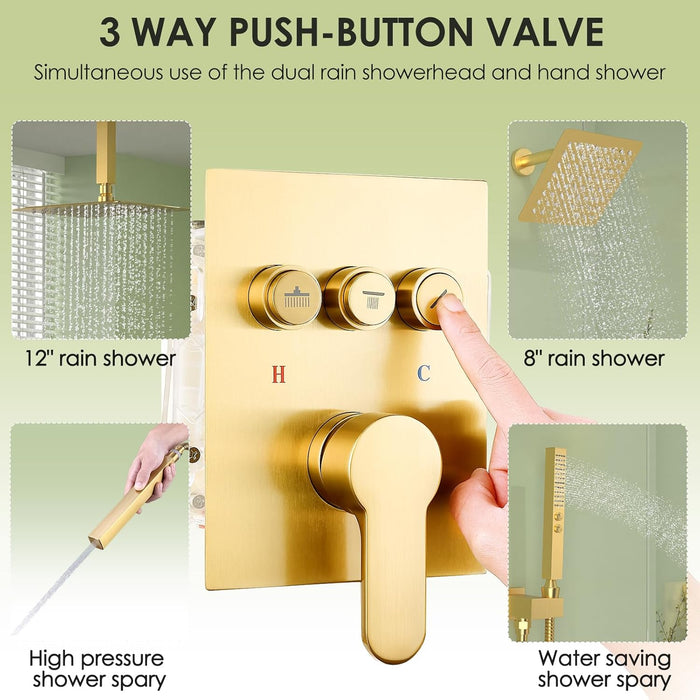 STARBATH Pressure Balance Shower System (12+8 Inch) with Two Function Wand Gold