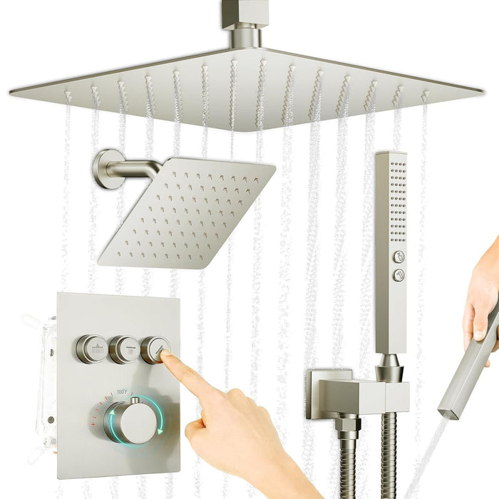 STARBATH Thermostatic Shower System (12+8 Inch) with Two Function Wand Brushed Nickel