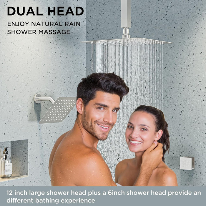 STARBATH Dual Shower Heads (12+6 Inch) Shower System 4 Function Brushed Nickel