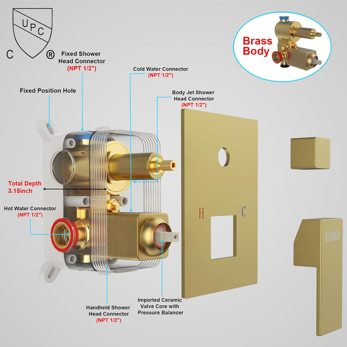 STARBATH Shower Jet System Wall Mounted Gold 12 Inch