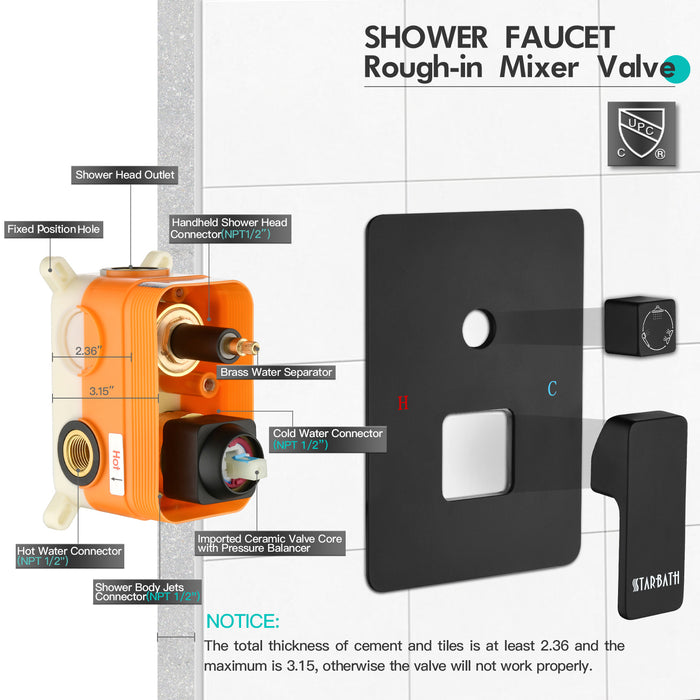 STARBATH Shower Valve Three Function Square Matte Black - STARBATH