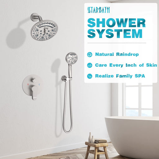 STARBATH Round Shower System Shower Faucet Set Knob Button 8 Inch Brushed Nickel - STARBATH
