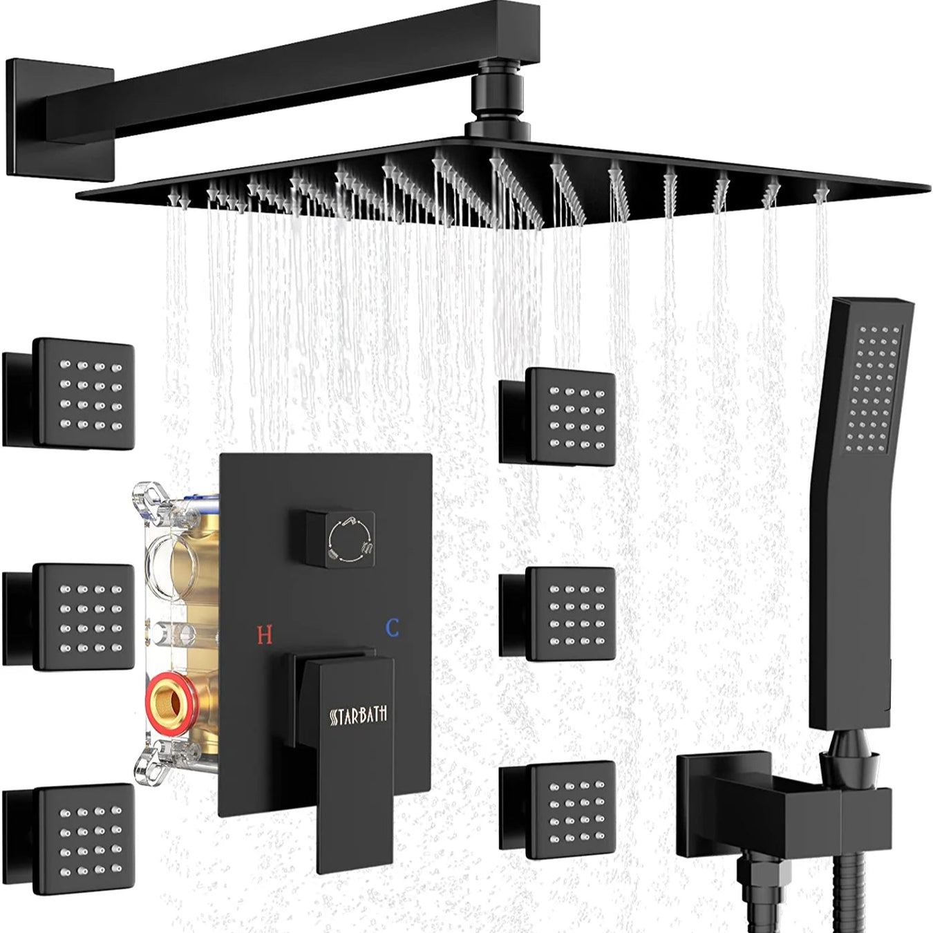 STARBATH Shower Jet System Wall Mounted Matte Black 10 Inch/12 Inch - STARBATH