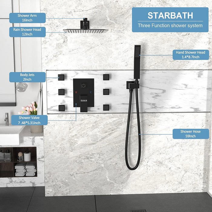 STARBATH Shower Jet System Wall Mounted Matte Black 10 Inch/12 Inch - STARBATH