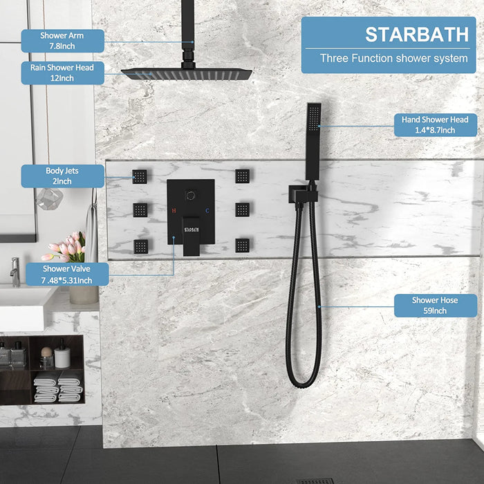 STARBATH Shower Jet System Ceiling Mounted Matte Black 10 Inch/12 Inch - STARBATH