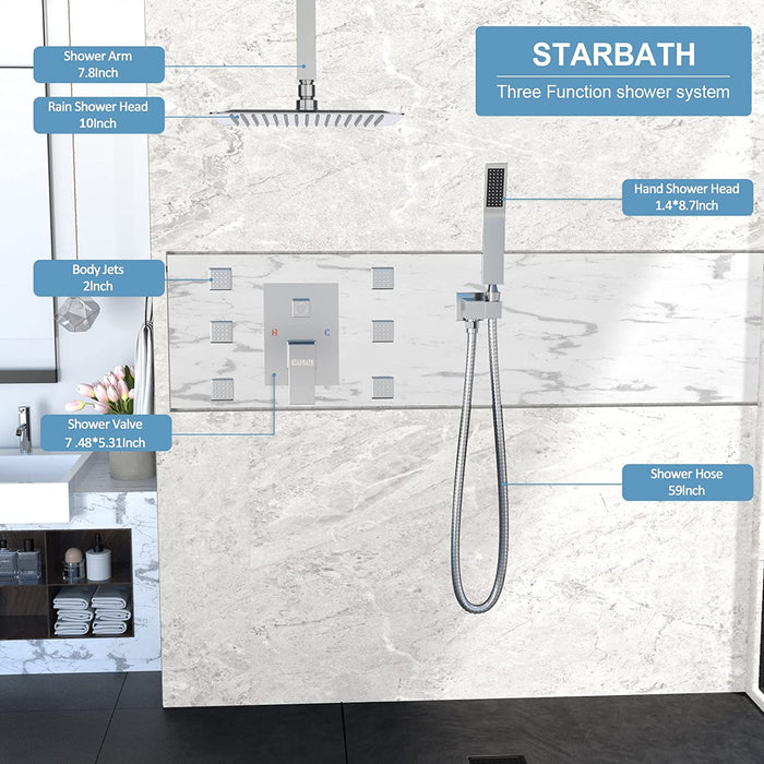 STARBATH Shower Jet System Ceiling Mounted Brushed Nickel 10/12 Inch - STARBATH