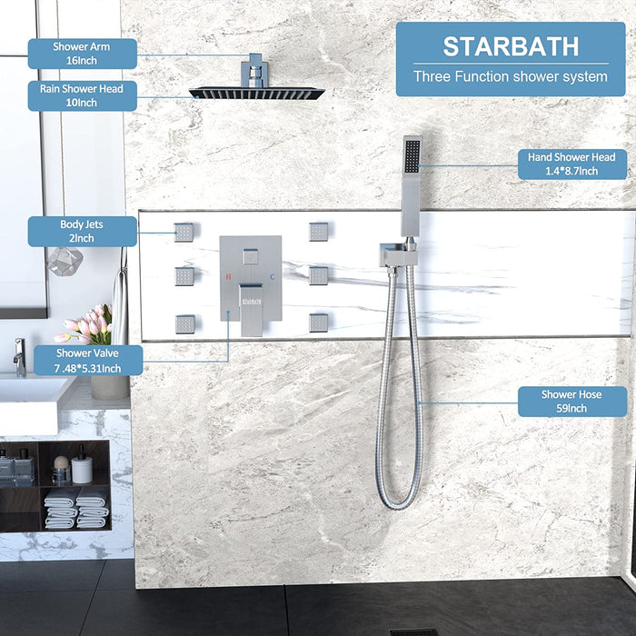 STARBATH Wall Mounted Thermostatic Shower System With 4 Body Jets Brushed  Nickel